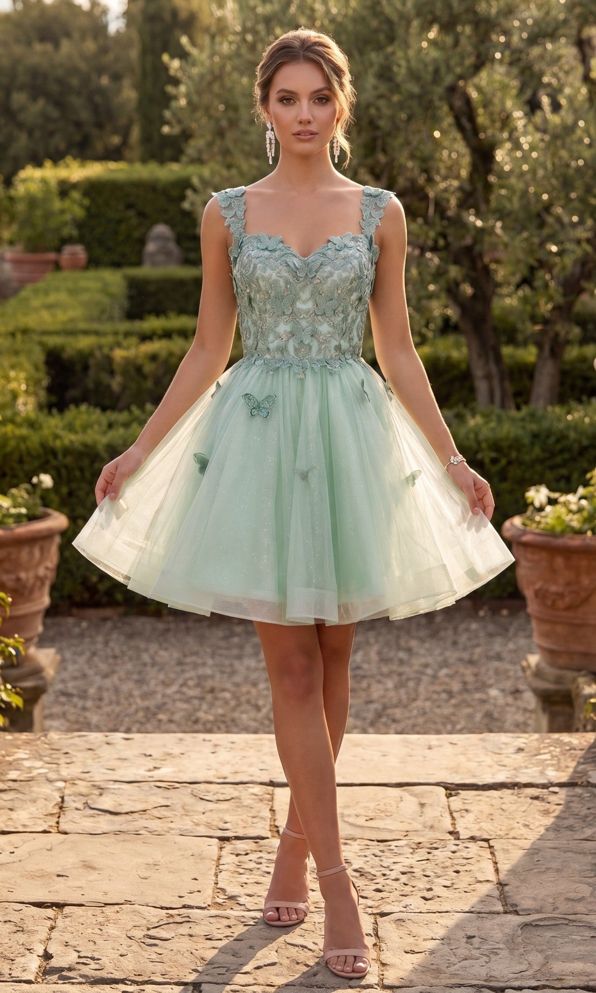 A woman stands outdoors wearing the Chicas C330 Short Homecoming Dress in sage, featuring a sleeveless design with an A-line tulle skirt and delicate floral lace appliques. She holds the skirt slightly out, her light brown hair styled in an updo, and she completes the look with heeled sandals.